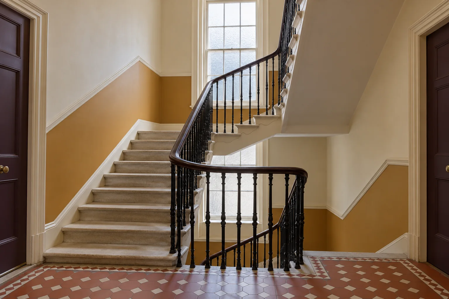 Mansion-block communal staircase with painted walls, timber handrail and tiled landing