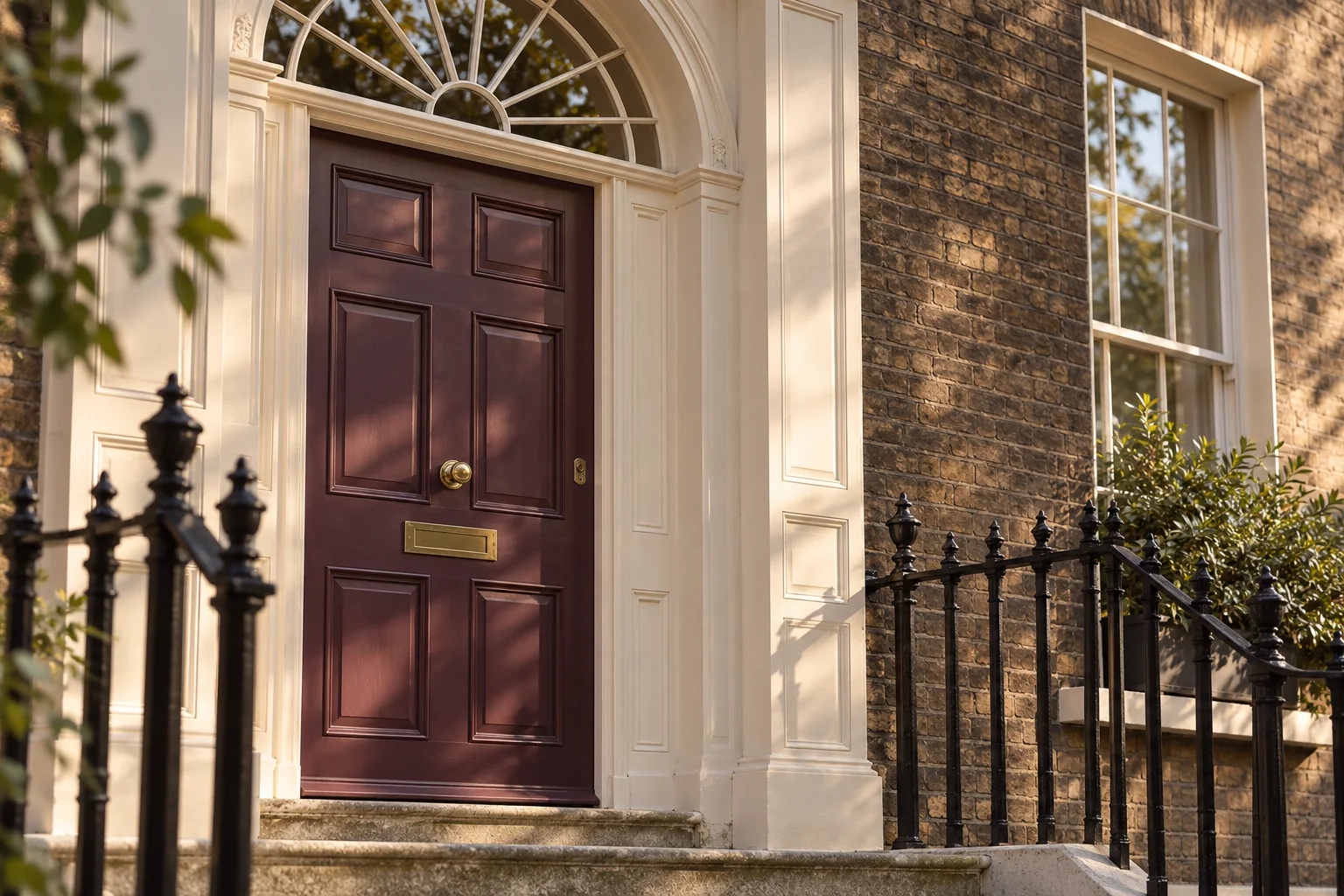 Painted panelled front door with a fanlight, pale stucco surround and iron railings