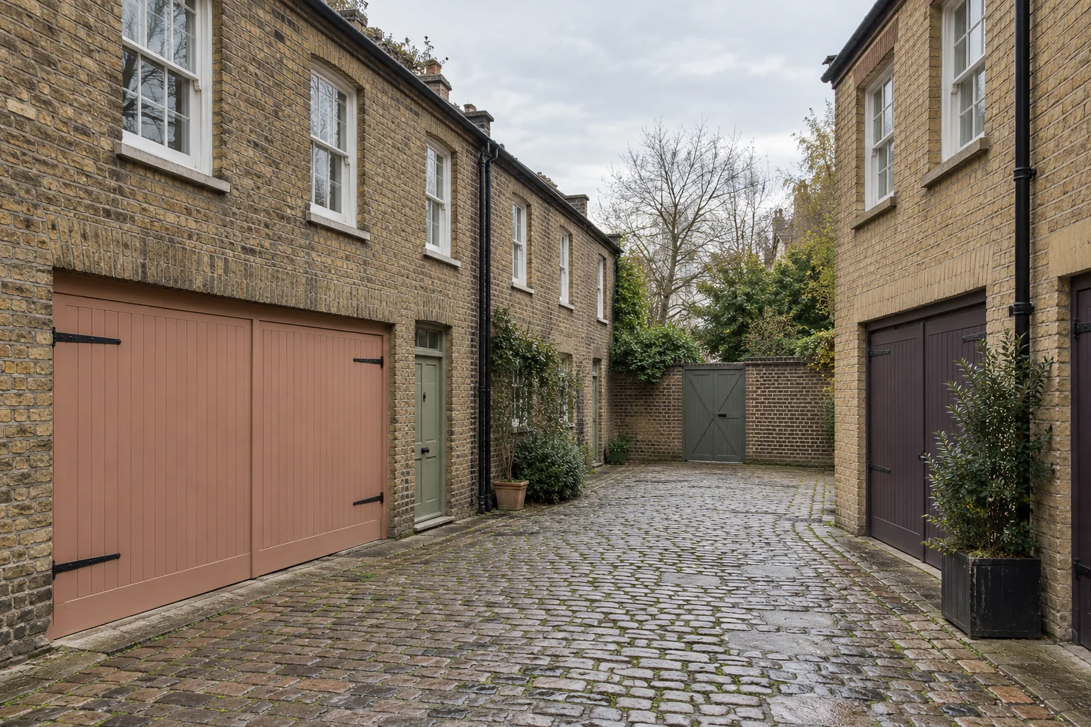 Quiet brick mews with modest houses, painted timber doors and small upper windows