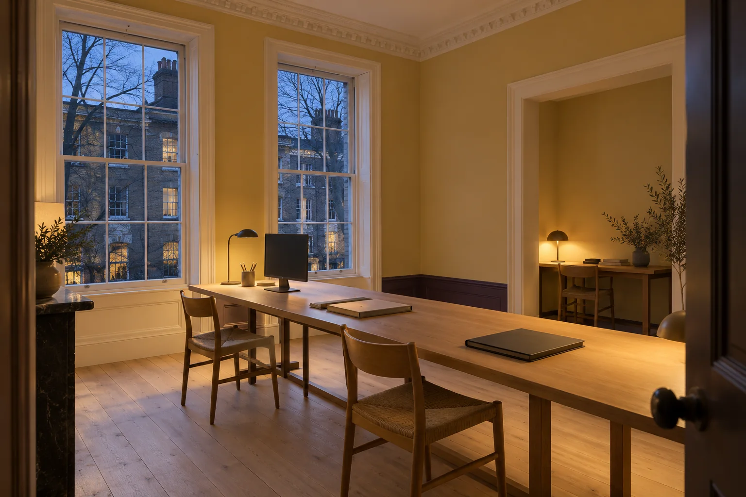 Townhouse office with tall sash windows, ochre walls and a long timber worktable at dusk