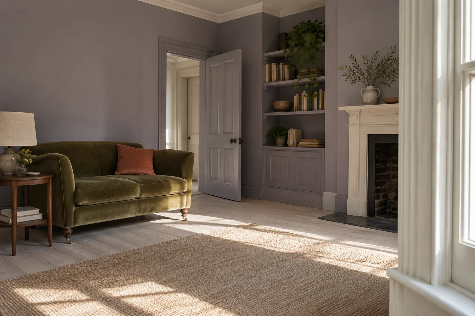 Period flat sitting room with violet-grey walls, an olive sofa and a painted window reveal